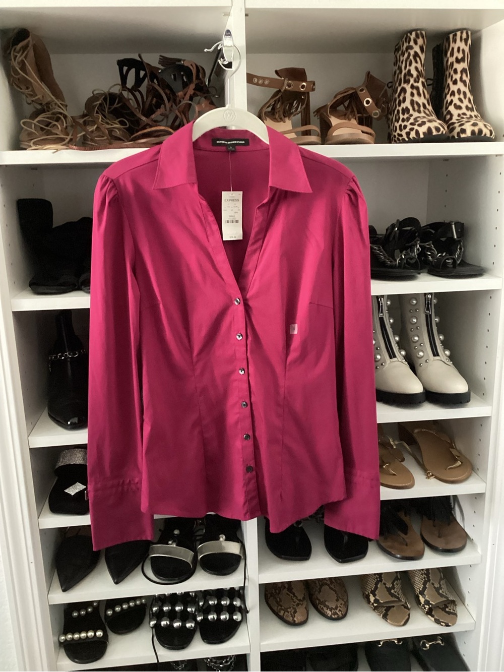 Express Fuchsia Button-Down Satin Blouse